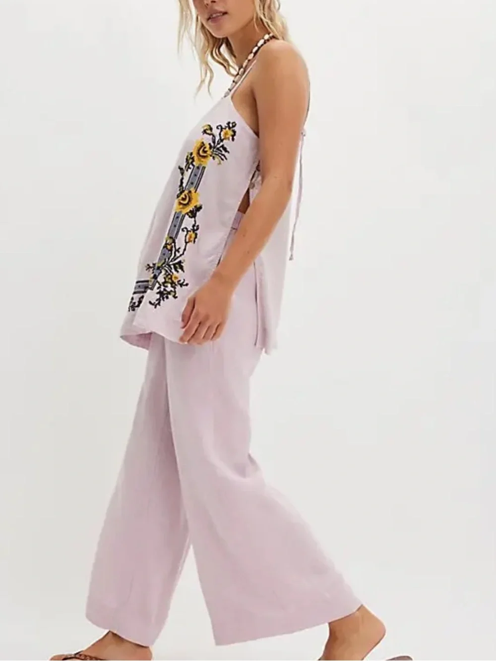 Free People Sightseer Embroidered Linen Set- Lilac Combo